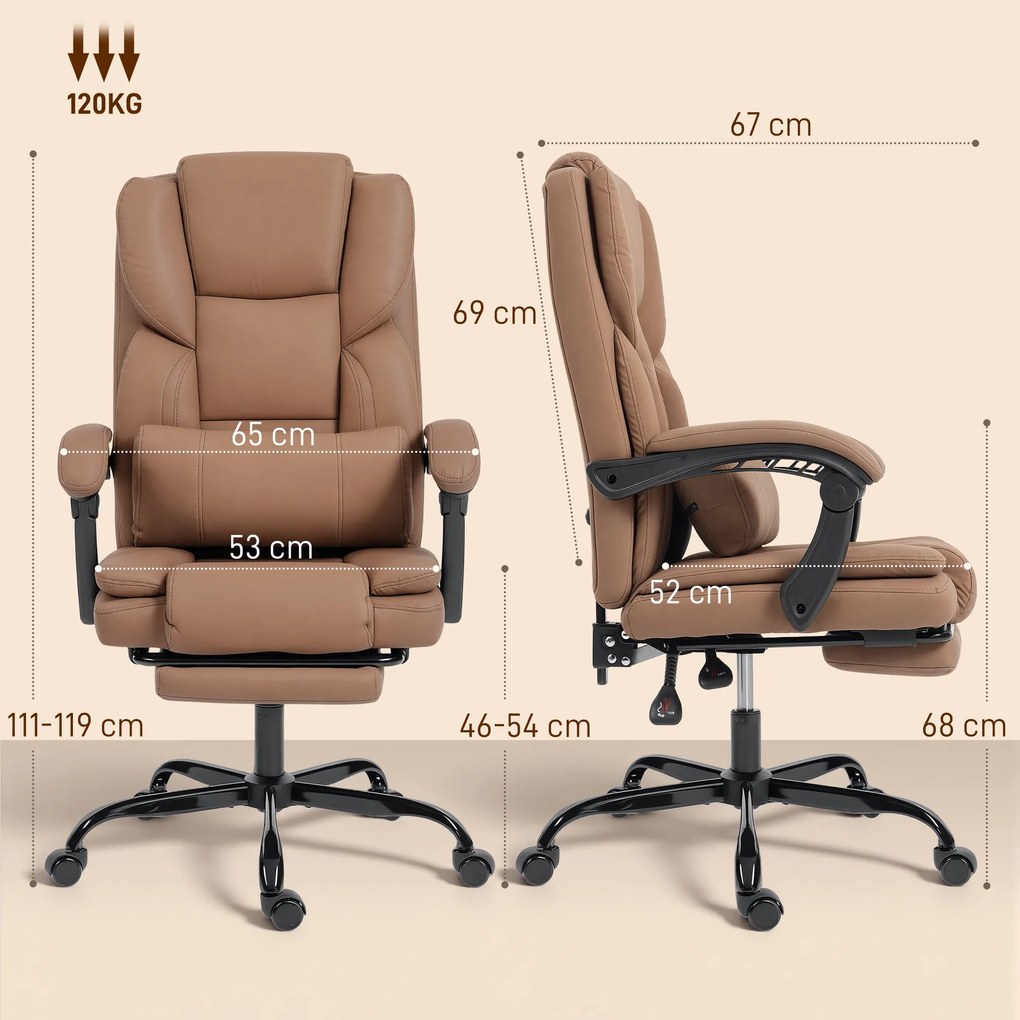 Scaun de birou ergonomic HOMCOM reclinabil 140° cu reposapiede și pernă, scaun de birou din piele ecologică anti-zgârieturi, ușor de curățat, brațe îmbunătățite, pivotant și reglabil pe înălțime, maro | Aosom Romania