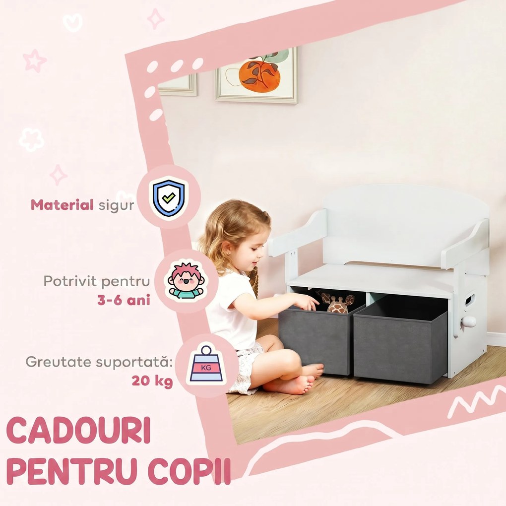 AIYAPLAY 3 în 1 Bancă Depozitare Jucării Copii 3-6 ani, Convertibilă în Masă și Scaun cu 2 Cutii, Alb | Aosom Romania