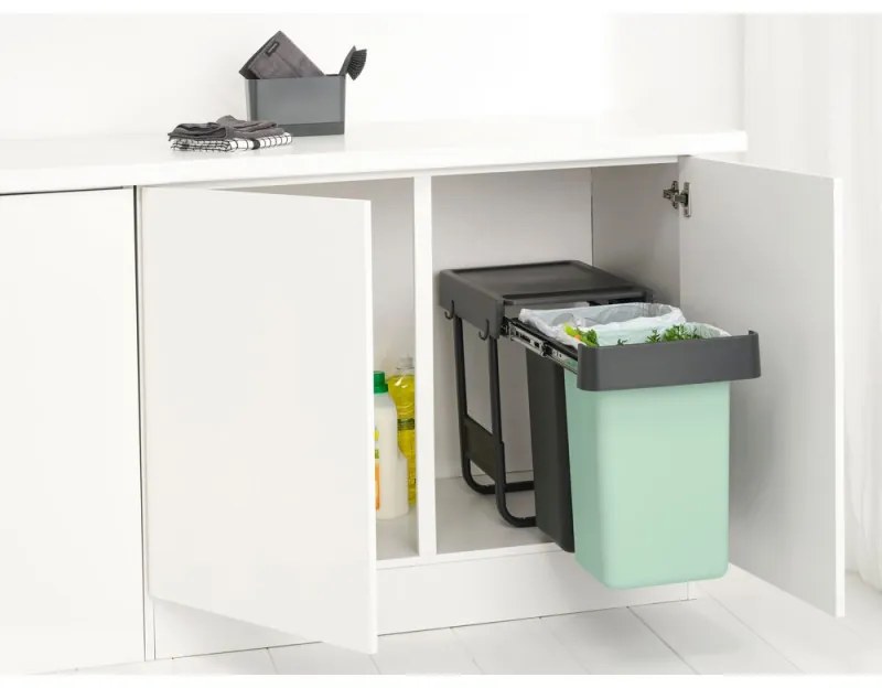Cos de gunoi colectare selectiva Brabantia Sort&Go 1008862, 2x15 L, Montaj intern cu cadru telescopic, Gri/verde