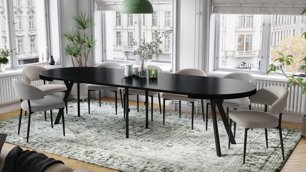 Mazzoni EXPANSO Negru Mat/picioare negre - MASĂ MARE ROTUNDĂ Ø110 EXTENSIBILĂ PÂNĂ LA 310 cm CU PICIOARE Y LOFT/INDUSTRIALĂ