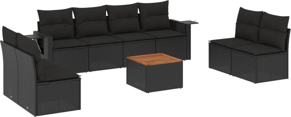 vidaXL Set mobilier de grădină cu perne, 9 piese, negru, poliratan
