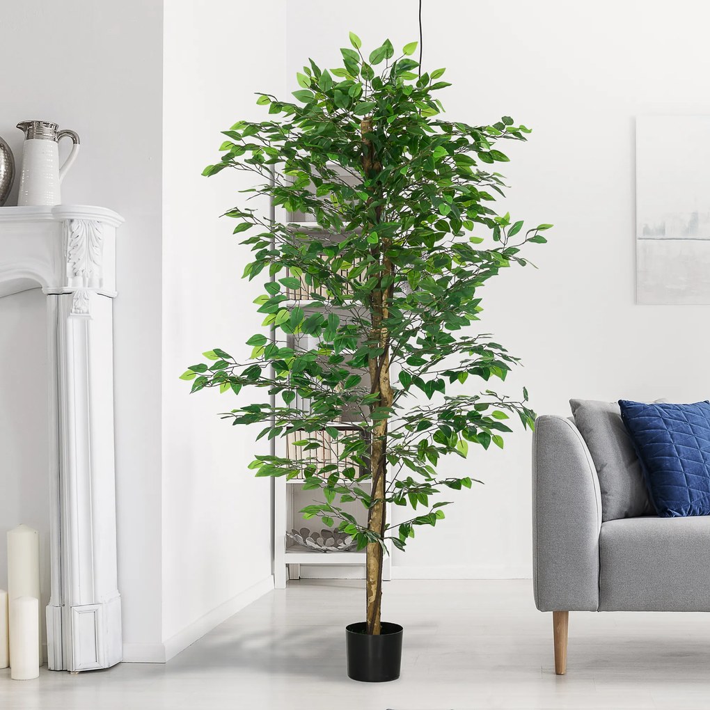 HOMCOM Plantă Artificială de Ficus cu 1260 Frunze, Plantă Artificială cu Ghiveci Inclus, Ø17,5x14,5 cm, Verde | Aosom Romania