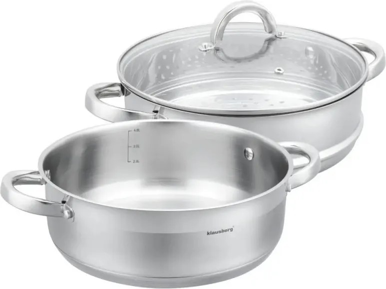 Oala pentru gatit la abur Klausberg KB 9072, 3,5 l, 24 cm, 3 piese, Simultan pe 2 niveluri, Scala de masurare, Fund cu 5 straturi, Inductie, Otel inoxidabil