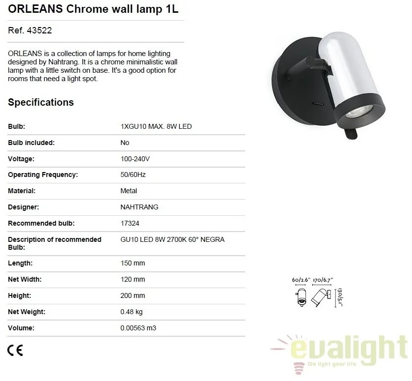 Aplica stil modern minimalist ORLEANS 1L crom 43522