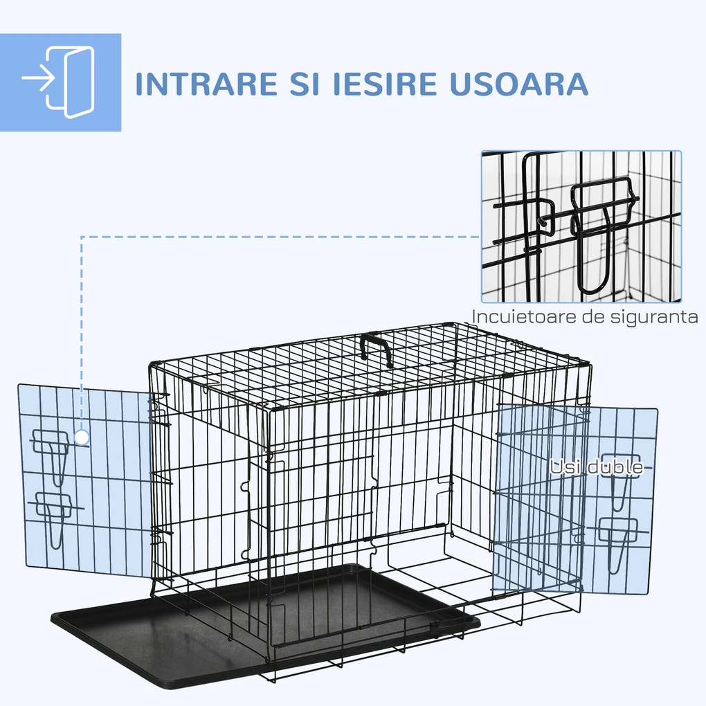 Cusca de transport pentru animale cu 2 usi cu inchidere de siguranta dubla, fir de otel si ABS 76×46×52cm Negru PawHut | Aosom Romania