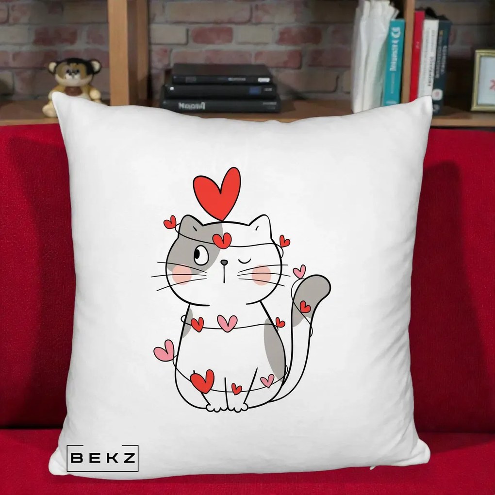 Perna Decorativa Pisica Kawaii cu Inimi, 40x40 cm, Alb Pufos, Husa Detasabila, Perna Inclusa, BEKZ®