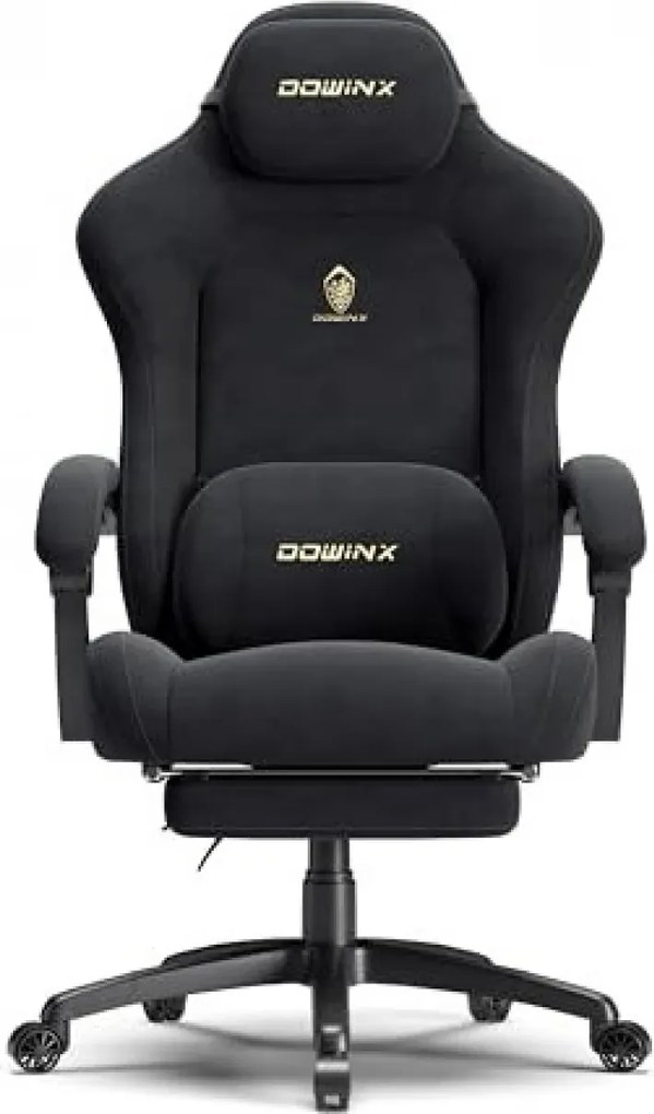 DOWINX – Scaun Gaming, Suport Lombar cu Masaj, Șezut cu Arcuri Metalice și Spumă, Rabatabil 90°-160°, Suport picioare, Rezistent 160 kg, material textil, Negru