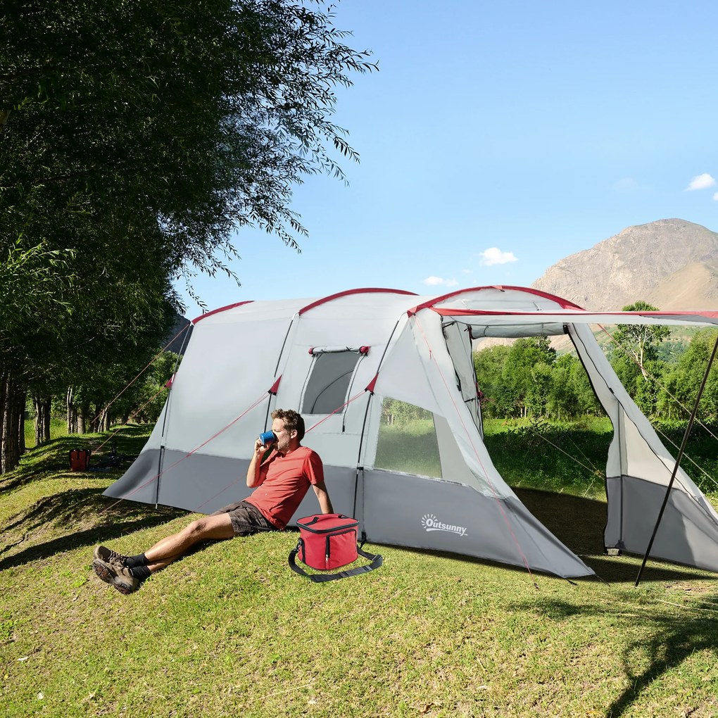 Outsunny Tenta de camping familială 6-8 persoane, tentă tunnel impermeabilă, uși + ferestre, 5,1 x 2,4 x 1,8 cm, gri deschis | Aosom Romania