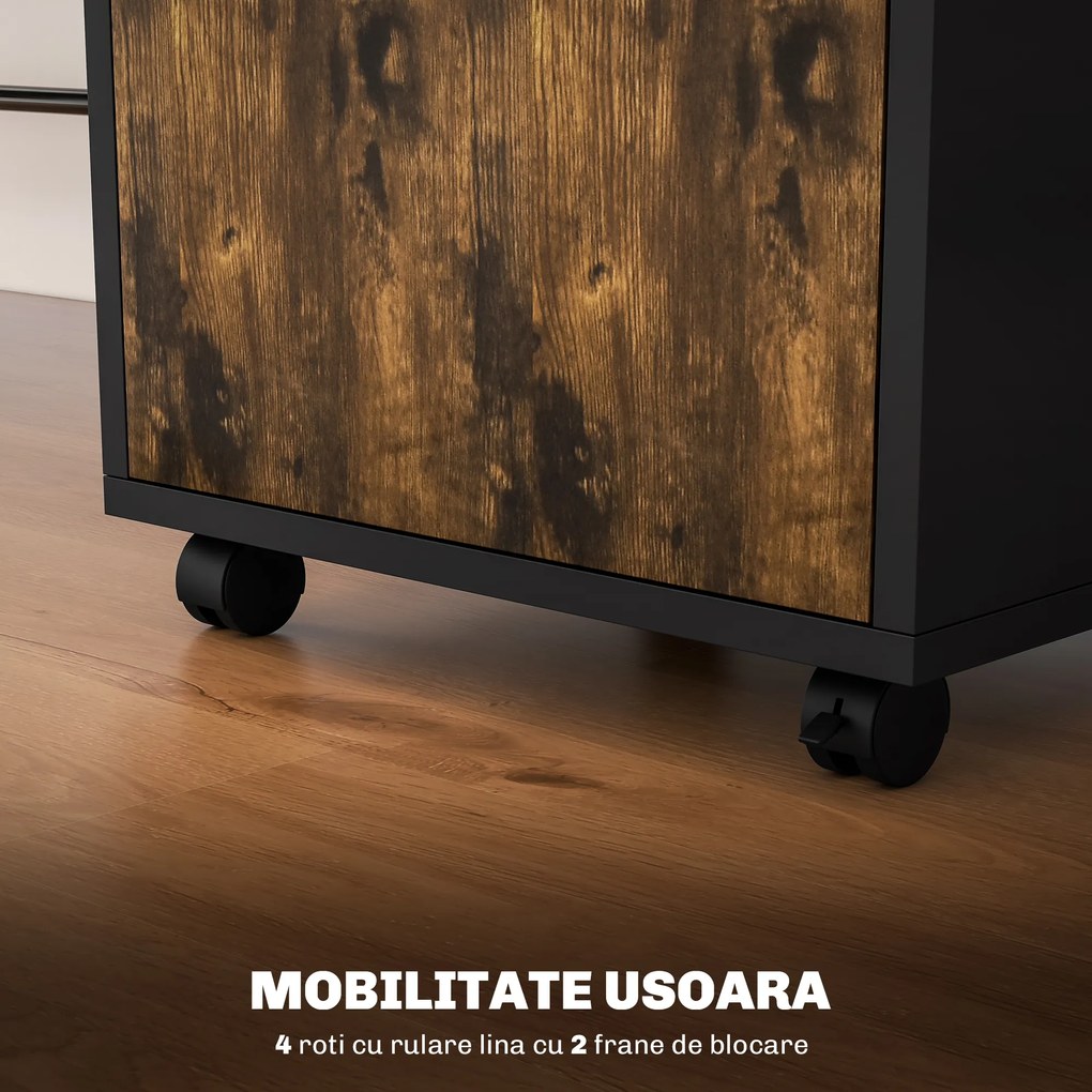 HOMCOM Dulăpior de Birou cu 4 Roți, Raft Deschis și 2 Sertare, Mobilier de Birou din Lemn și Metal, 40x35x60 cm, Maro | Aosom Romania