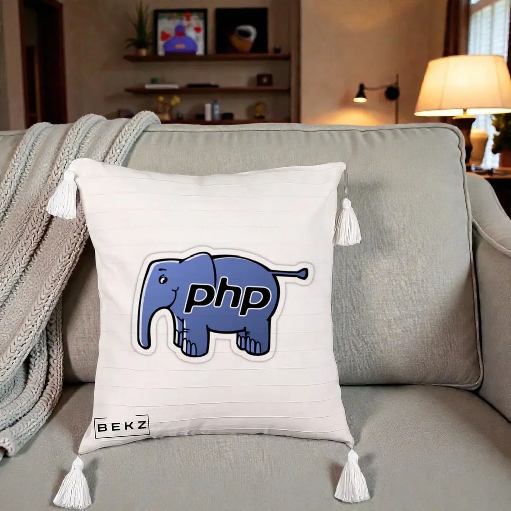 Perna Personalizata PHP Elephant, 40x40 cm, Bej cu Franjuri, Husa Detasabila, Perna Inclusa, BEKZ®
