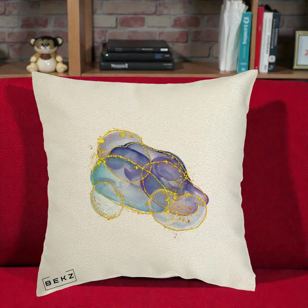 Perna Decorativa Abstract Acuarela Albastru-Mov cu Cercuri Aurii, 40x40 cm, Ecru, Husa Detasabila, Perna Inclusa, BEKZ®