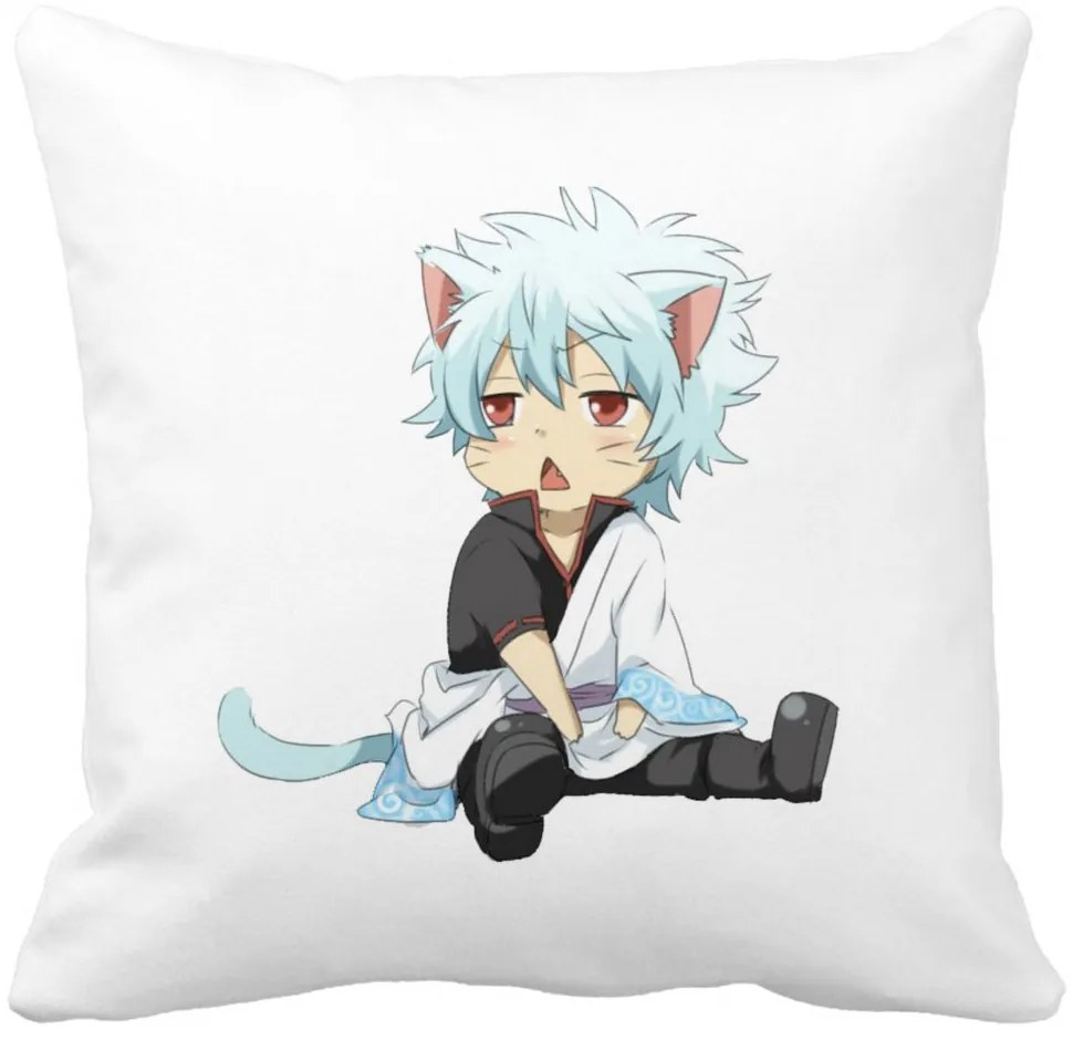 Perna Decorativa cu Gintama Gin Cat, 40x40 cm, Alba, Mata, Husa Detasabila, Burduf