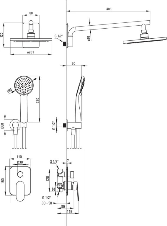 ALPINIA Set de duș cu montare îngropată NAC_N9ER Finisaj: nero