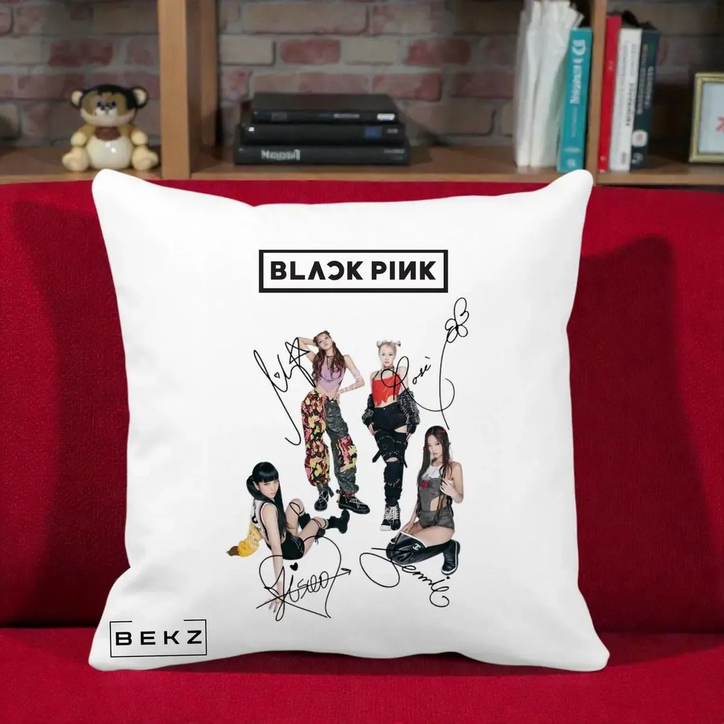 Perna Personalizata K-pop BLACKPINK Fotografie Grup Autografe Toate Membre, 40x40 cm, Alba Mata, Husa Detasabila, Perna Inclusa, BEKZ®
