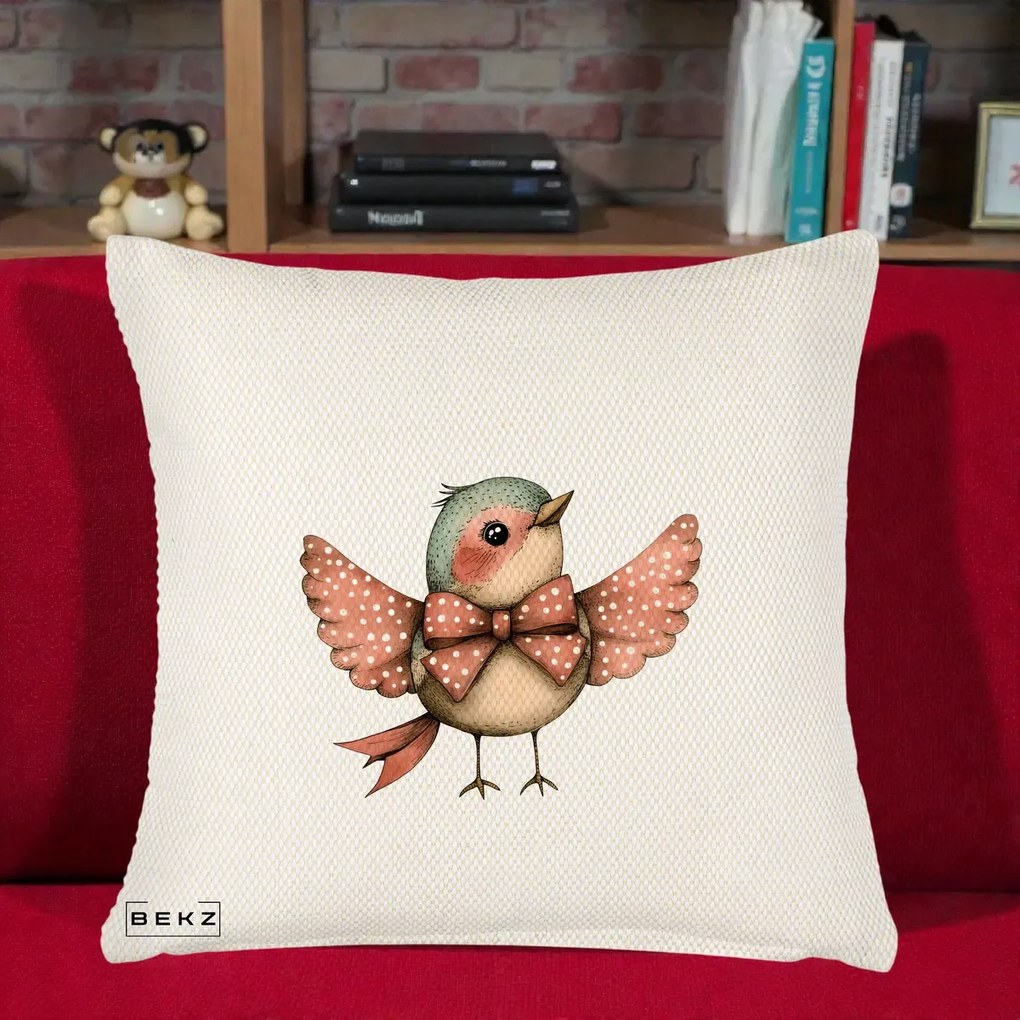Perna Decorativa Pasare Roz cu Aripi si Fundita, 40x40 cm, Crem Reliefat, Husa Detasabila, Perna Inclusa, BEKZ®