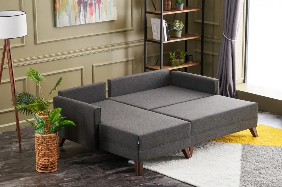 Coltar Modular pe Stanga cu Taburet, Cadru Lemn de Brad, Bella Mini, Gri Antracit