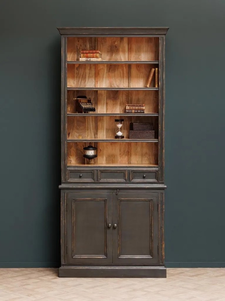 Biblioteca din lemn de mango, cu 6 rafturi, un sertar si 2 usi, cu aspect vintage, Valmore