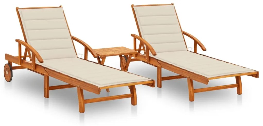 vidaXL Șezlonguri, 2 buc., cu masă și perne, lemn masiv de acacia