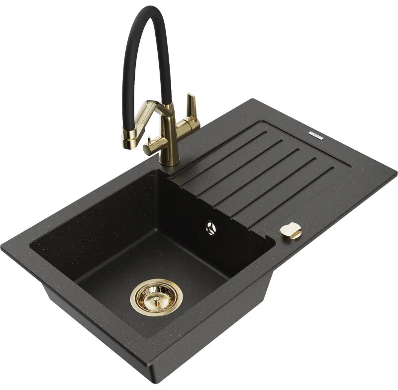 Mexen Pablo chiuvetă granit cu 1 compartiment cu scurgător și baterie de bucătărie Duo, negru/auriu metalic