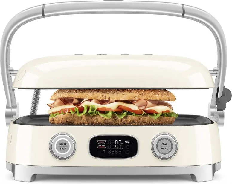Grătar multifuncțional SMEG 50's Style MGF01CREU, 2100 W, 60-230 °C, 3 programe, acoperire ceramică, tavă de scurgere, semnal sonor, cronometru, culoare crem