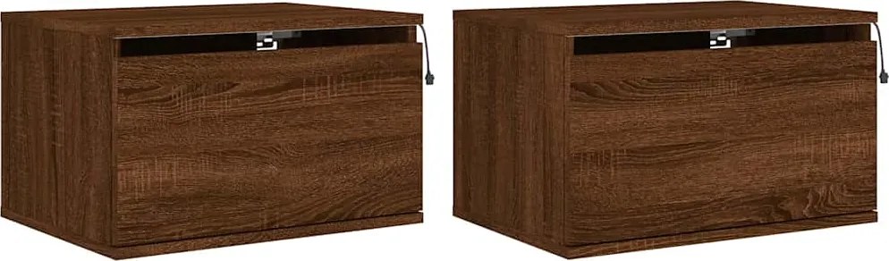 vidaXL Noptiere montate pe perete cu lumini LED, 2 buc., stejar maro