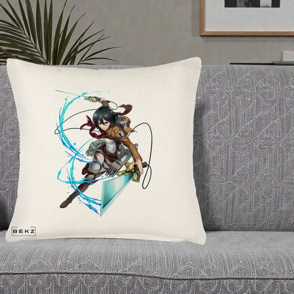 Perna Personalizata Attack on Titan Mikasa Ackerman Lupta, 40x40 cm, Crem Reliefat, Husa Detasabila, Perna Inclusa, BEKZ®