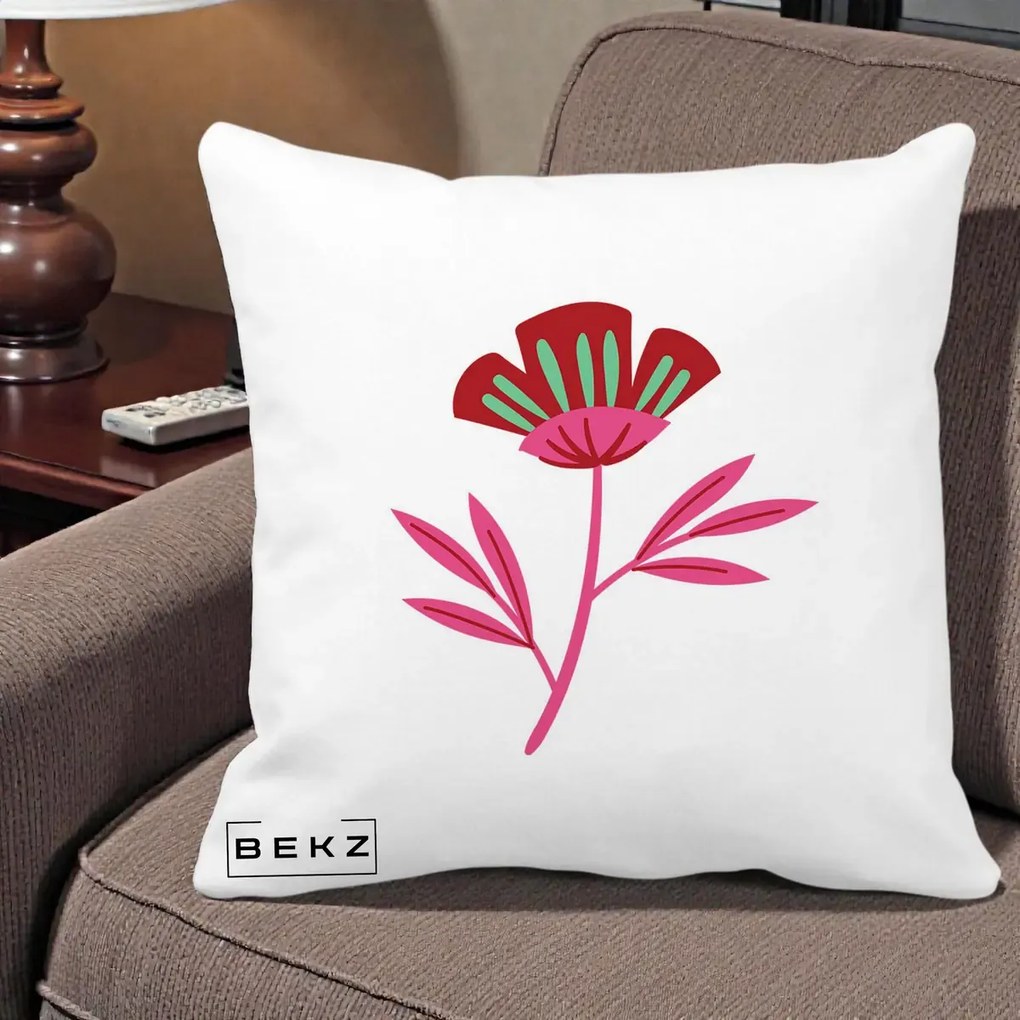 Perna Decorativa Floare Macul Roz-Rosu Grafic, 40x40 cm, Alba Mata, Husa Detasabila, Perna Inclusa, BEKZ®
