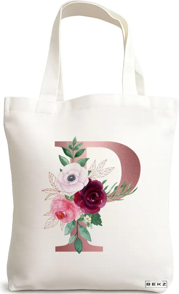 Sacosa de Panza pentru Cumparaturi, Geanta Tote, Cu litera P Rose Gold si Trandafiri, 38x34.5 cm, Alba, BEKZ®