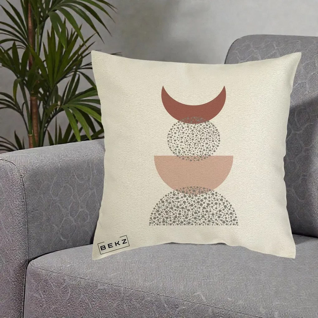 Perna Decorativa Boho Luna Plina si Forme Punctate, 40x40 cm, Ecru, Husa Detasabila, Perna Inclusa, BEKZ®