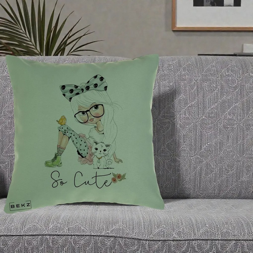Perna Decorativa So Cute Fata Fashion, 40x40 cm, Verde, Husa Detasabila, Perna Inclusa, BEKZ®