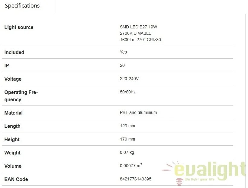 Bec LED E27 DIMABIL G120 LED 19W 2700K lumina calda alb 17479