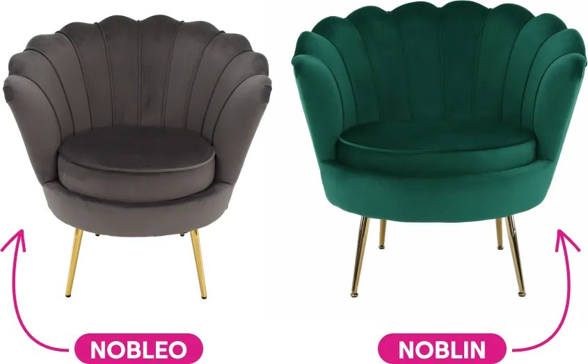 Fotoliu în stil Art-deco, catifea Velvet smarald/crom auriu, NOBLIN