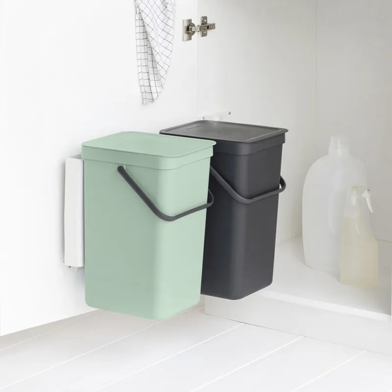 Cos de gunoi colectare selectiva Brabantia Sort&Go 1005518, 2x16 L, Montare pe usa dulapului, Gri/Verde