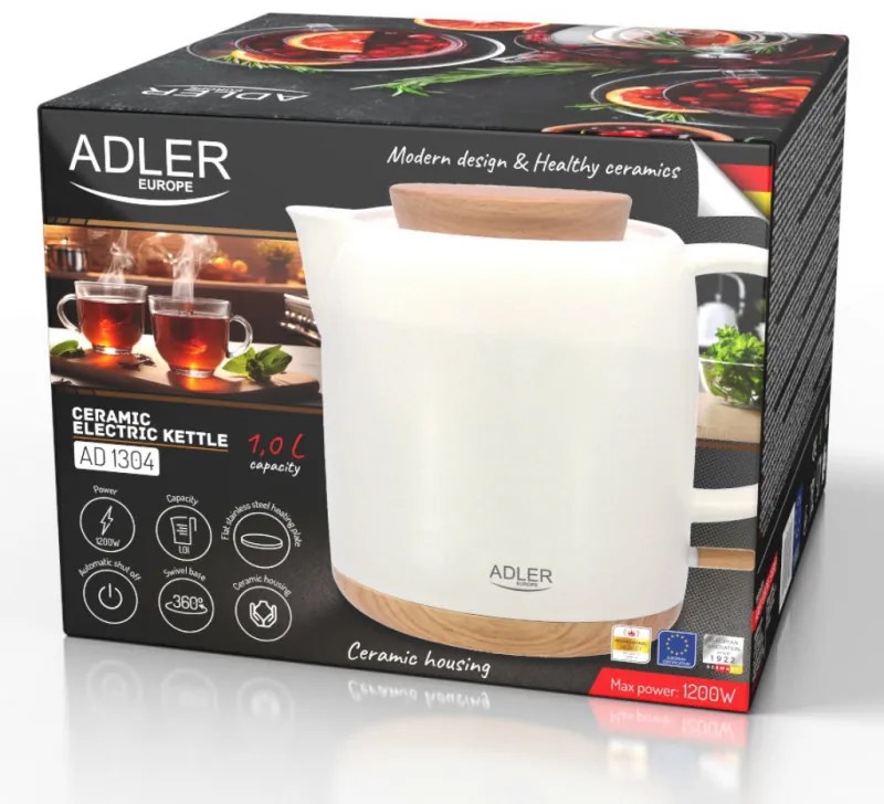 Cana electrica Adler AD 1304, 1200W, 1l, Ceramica, Baza rotativa, Protectie fierbere fara apa, Ecru