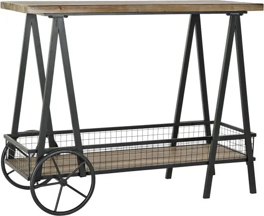 Consolă decorativă cu roți, stil industrial modern, culoare natur, din metal și lemn de molid, „Spruce”