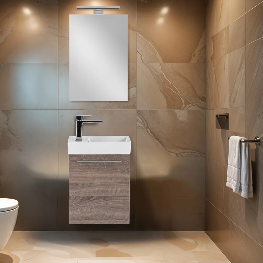 Mobilier de baie fantastic, cu lavoar, în culoarea stejarului York