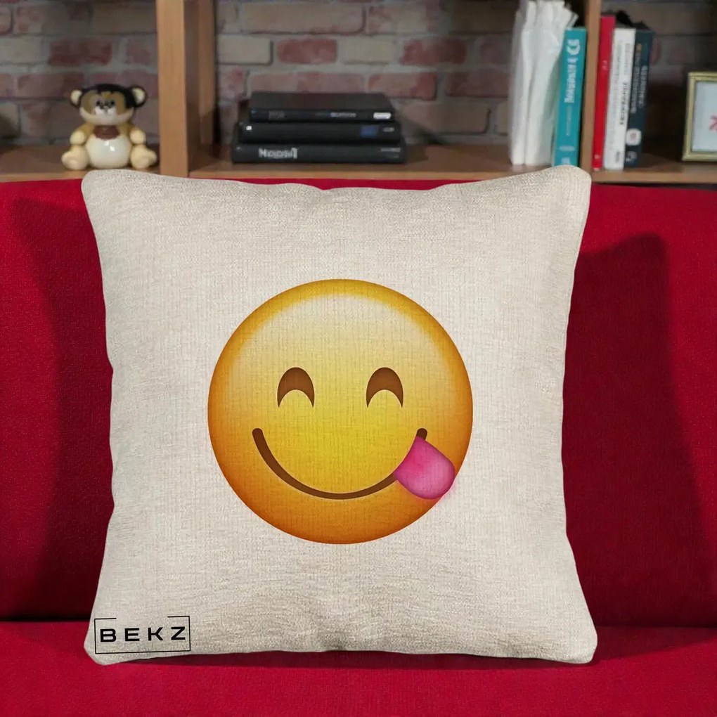 Perna Decorativa Emoji Limba Scoasa, 40x40 cm, Bej Canapea, Husa Detasabila, Perna Inclusa, BEKZ®