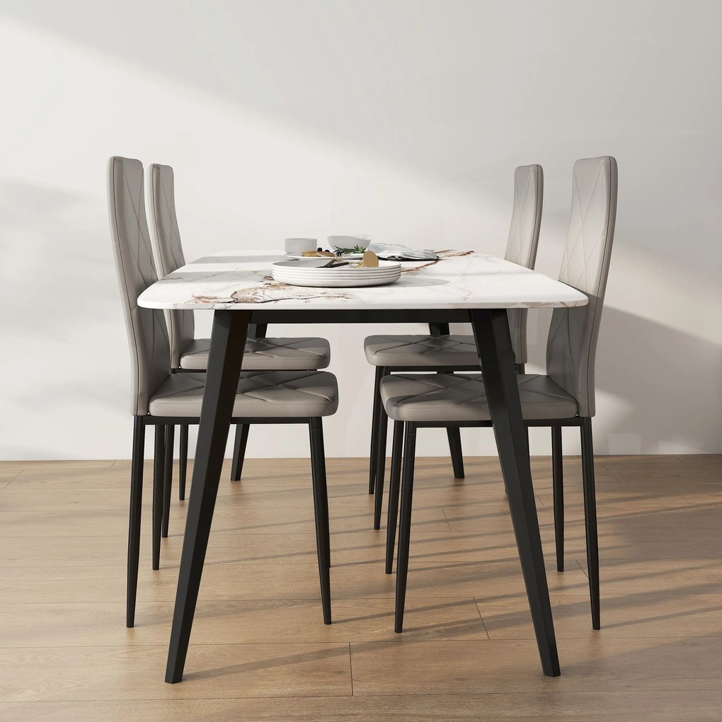 HOMCOM Set de 4 Scaune de Dining cu Spătar Înalt din Imitație de Piele și Oțel, 41x50x97cm, Gri | Aosom Romania