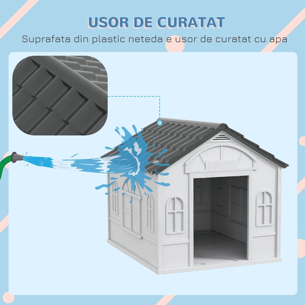 PawHut Cușcă pentru Câini din PP Impermeabil cu Acoperiș Inclinat și Ușă de Intrare, 65x75.7x63 cm, Gri | Aosom Romania