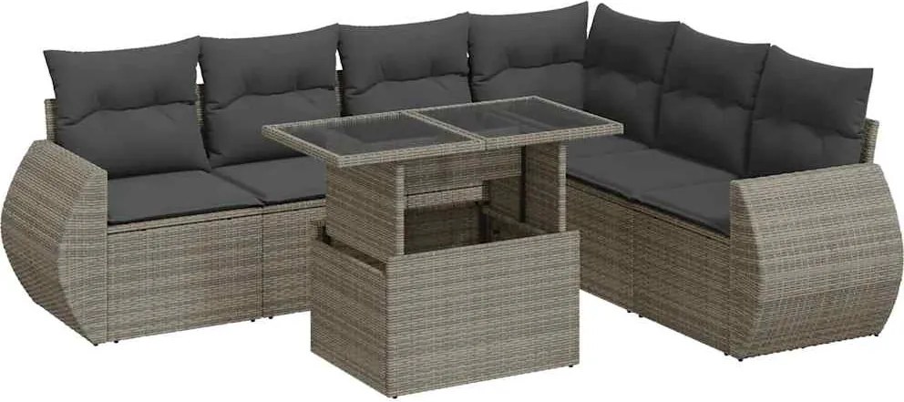 vidaXL Set canapele de grădină, 7 piese, cu perne, gri, poliratan