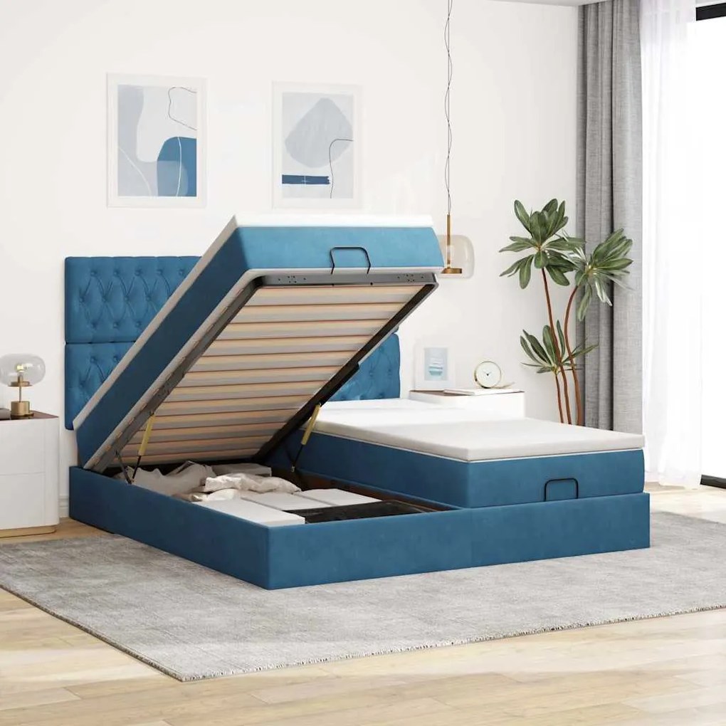 vidaXL Cadru pat otoman cu saltele Albastru închis 180x200cm catifea