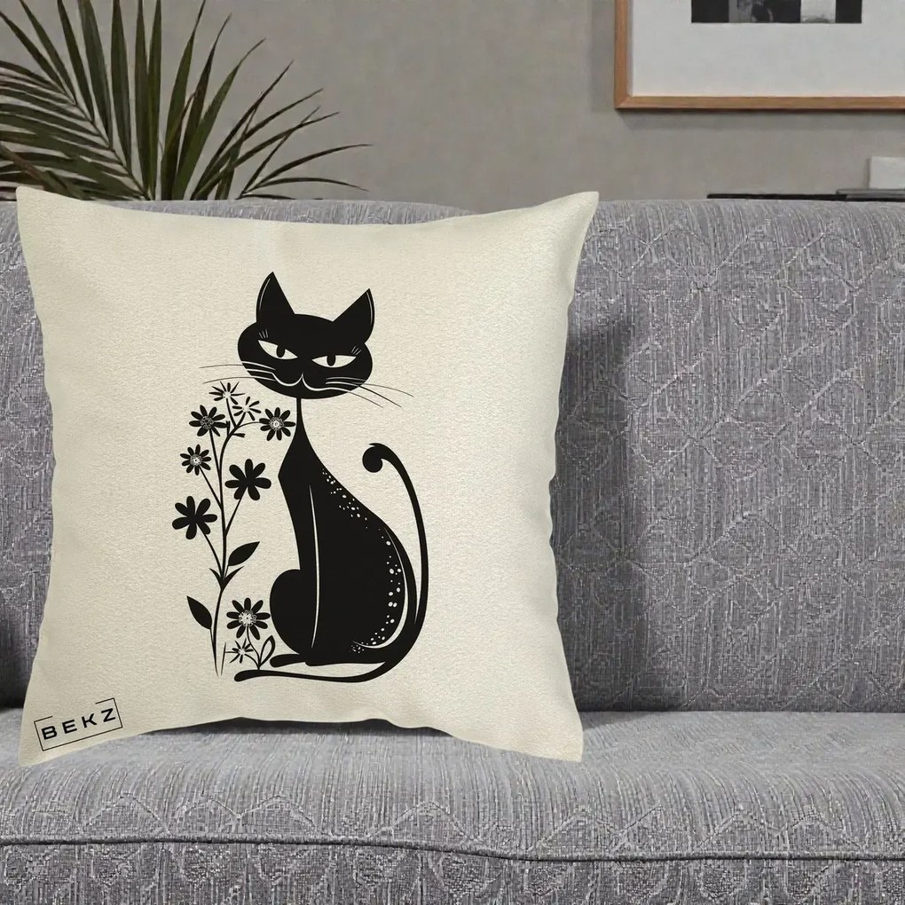 Perna Decorativa Pisica Neagra Grafica Minimalista, 40x40 cm, Ecru, Husa Detasabila, Perna Inclusa, BEKZ®