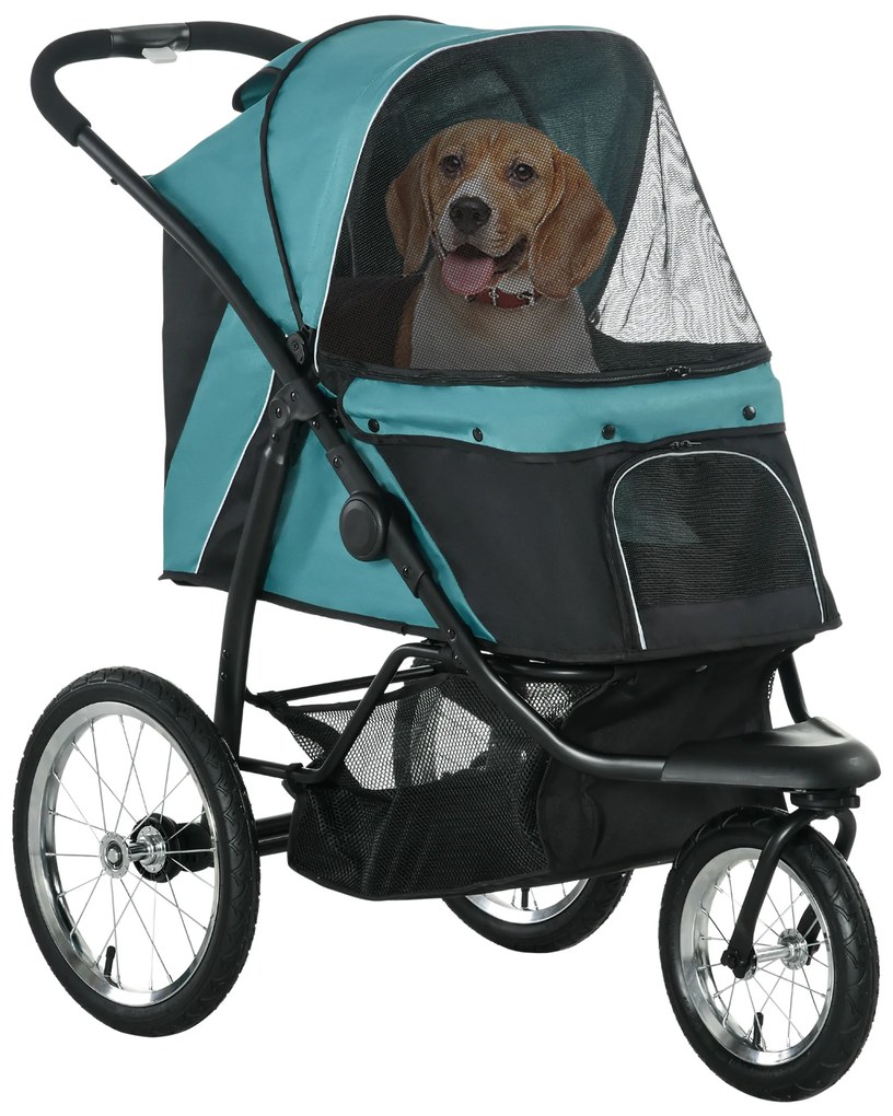 PawHut Cărucior pentru câini, pliabil, protecție solară, ferestre din plasă, coș de depozitare, Verde închis, 111 x 58 x 107 cm | Aosom Romania