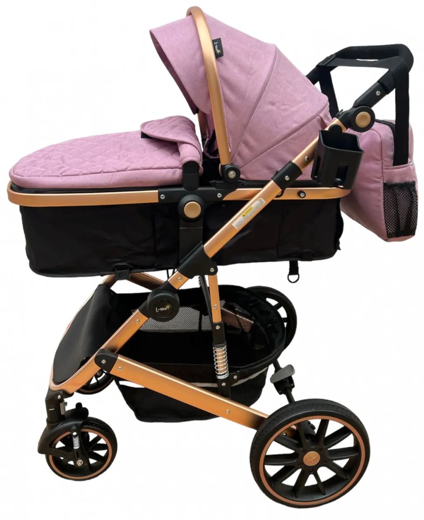 Carucior 3 in 1 cu scoica auto, transformabil, reversibil, cu roti cauciuc, 0-36 luni - CPC-37-roz