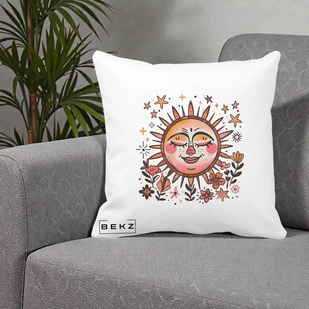Perna Decorativa Soare Retro Boho Floral, 40x40 cm, Alba Mata, Husa Detasabila, Perna Inclusa, BEKZ®