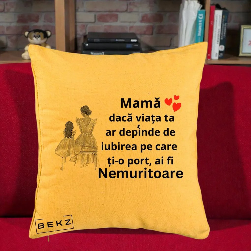 Cadou pentru Mama - Perna Personalizata Mama Nemuritoare Line Art, 40x40 cm, Galben, Husa Detasabila, Perna Inclusa, BEKZ®