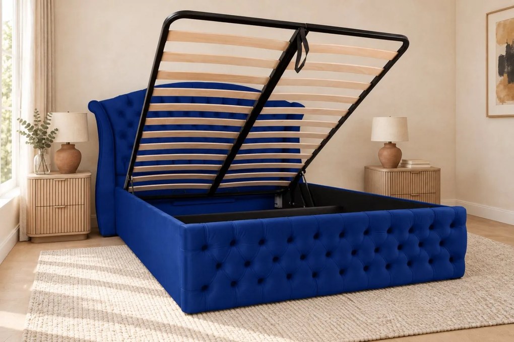 Pat tapițat Chesterfield din catifea Sorella Simple 140×200 cm, bleumarin, cu ladă de depozitare