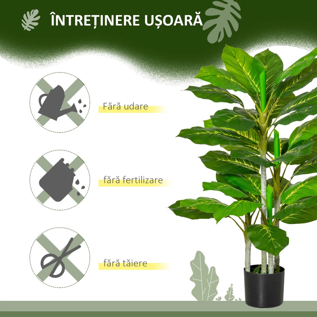 HOMCOM Plantă Artificială cu 33 de Frunze pentru Uz Interior și Exterior cu Ghiveci, Plantă Falsă în PEVA, PE și Ciment, 95 cm, Verde | Aosom Romania