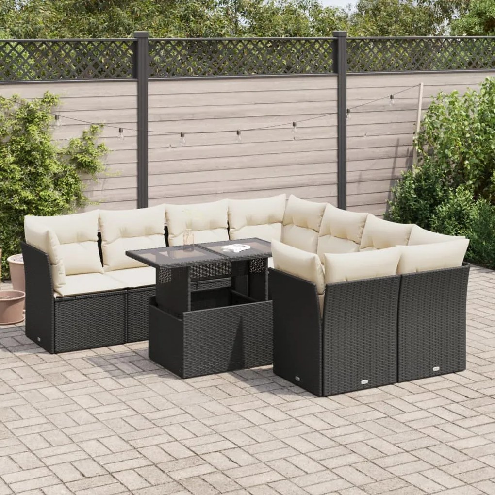 3326127 vidaXL Set mobilier de grădină cu perne, 9 piese, negru, poliratan