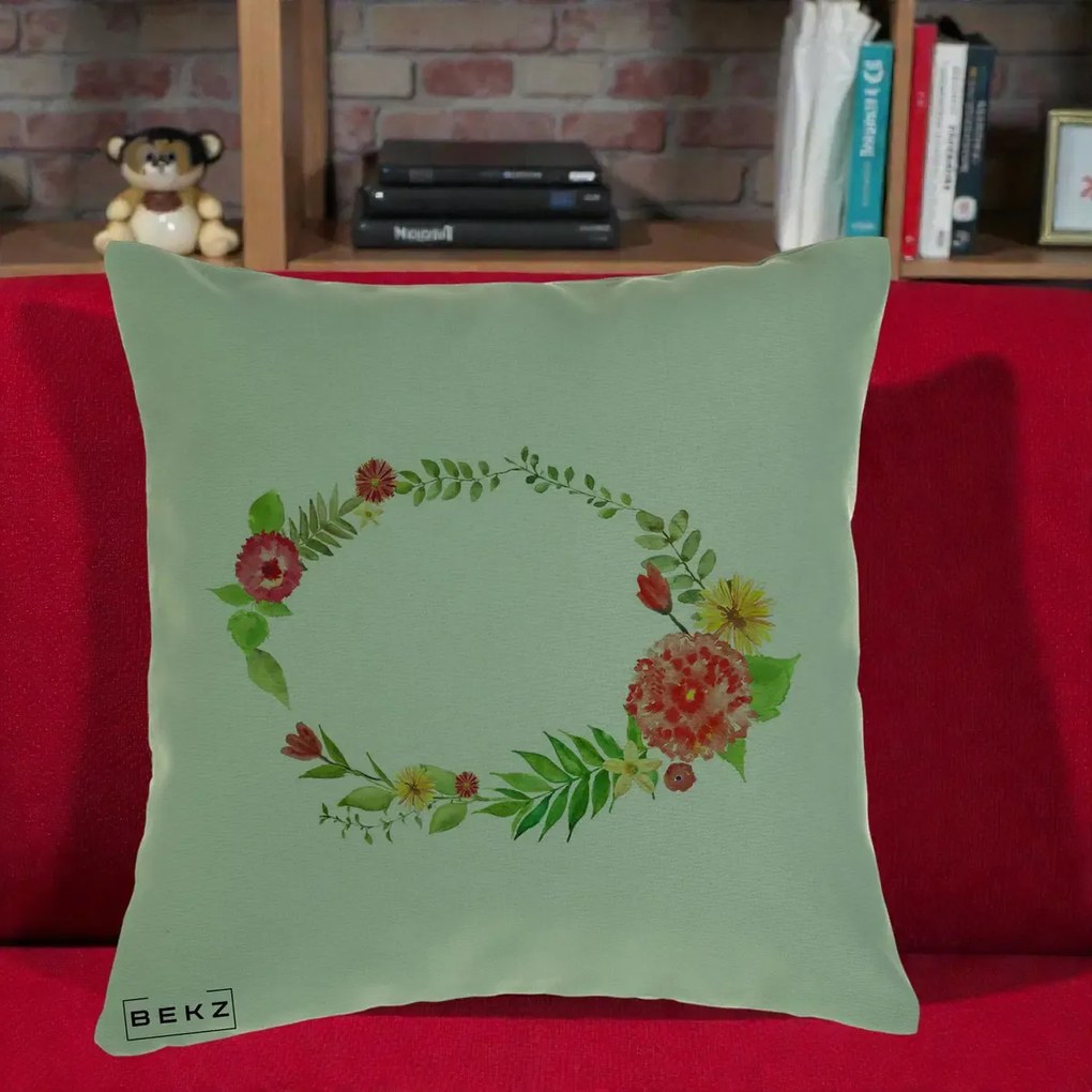 Perna Decorativa Coroana Florala Acuarela, 40x40 cm, Verde, Husa Detasabila, Perna Inclusa, BEKZ®